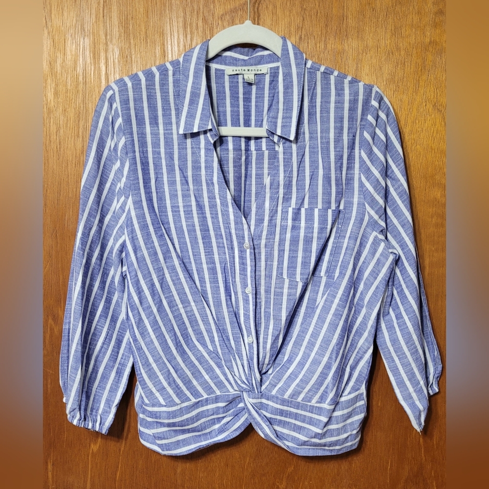 Haute Minde Blue Striped Women's Top Size Large 100% Cotton (42)